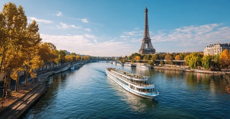 Scenic Seine River Cruise with Eiffel Tower View in Autumn.