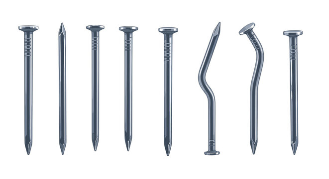 Collection of eight steel construction nails including straight ones and bent ones for various carpentry projects.