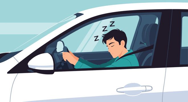 Dangerous situation where a young man has fallen asleep while driving a white car on a road, showing the extreme risk of drowsy driving.
