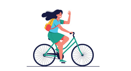 Fototapeta premium Happy girl riding a green bicycle and waving while wearing a blue shirt and green skirt with a yellow backpack for school commute.