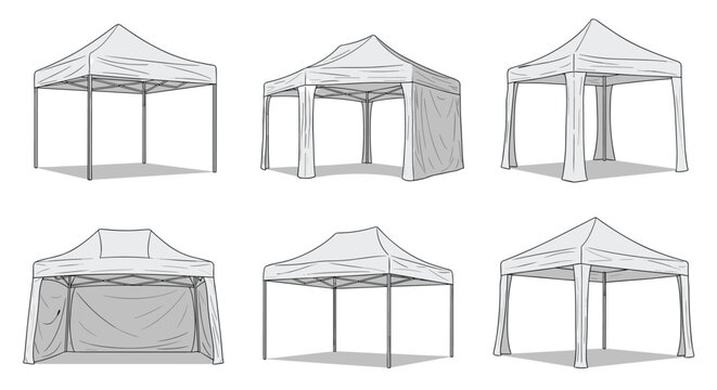 Collection of various professional pop up canopy tent designs from different angles for events, markets, festivals, and outdoor promotions.