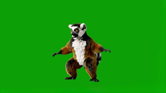 A realistic 3D render of a ring-tailed lemur in a dynamic dancing pose with arms and legs extended. This animated character is isolated on a chroma key green background for seamless video compositing.