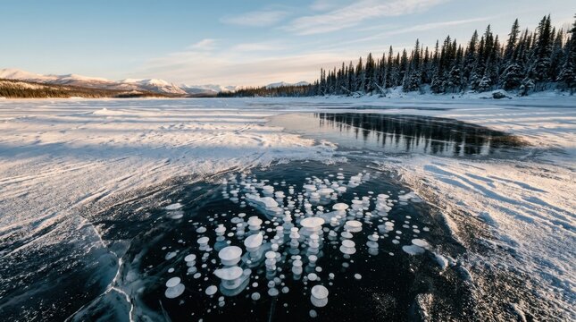 A frozen methane bubble lake in a sub-Arctic landscape at mid-winter, hundreds of white disc-shaped methane bubbles trapped at different depths within perfectly clear