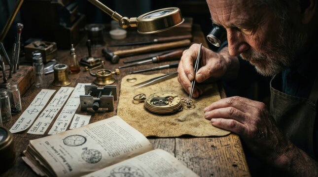 A master clockmaker's bench seen at close range, a disassembled pocket watch movement spread across a chamois leather pad under a bright loupe lamp, the escapement wheel