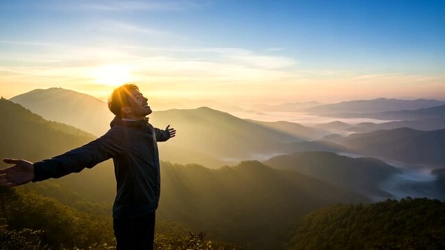Man standing on mountain peak with arms outstretched, basking in sunrise glow over valleys
