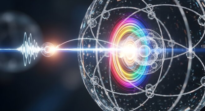 Vibrant atomic energy levels illustration with electron transition.