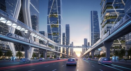 Fototapeta premium Futuristic Cityscape with Elevated Transport and Sleek Skyscrapers at Sunset