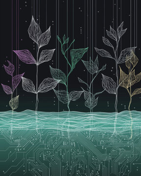 a minimalist visual with seaweed in motion and dancing beneath the sea; the seaweed is slightly geometric and graphic in a flat design