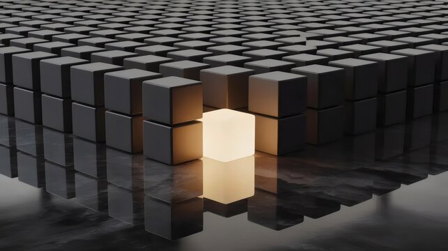 Glowing cube revealed in floor reflection &ndash; Ideal for hidden truth metaphors, mystery concepts, or unique identity.