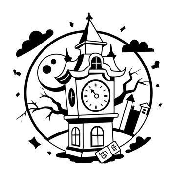 A glyph illustration of haunted clock tower