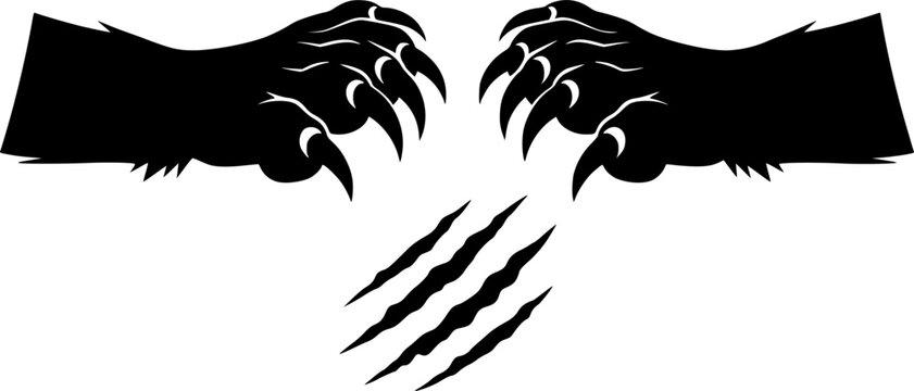 Wild animal predator paws and sharp beast claw mark icon set featuring two simple black silhouettes of clawed paws facing each other &ndash; Black and White Vector Illustration