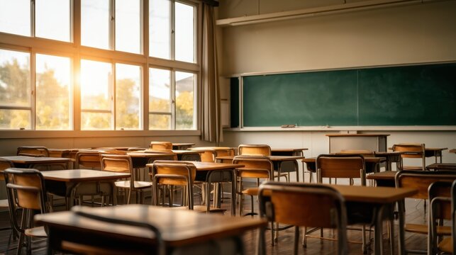 Sunlit empty classroom with rows of wooden desks and large windows, ideal for school background and banner design