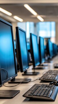 Angled perspective of a row of desktop monitors and keyboards in a quiet computer lab classroom background for education training wallpaper and banner