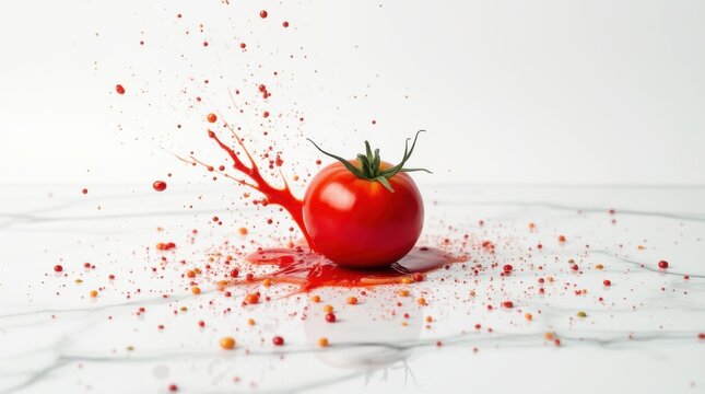 A single bright red ripe tomato violently smashed on a pristine white marble surface