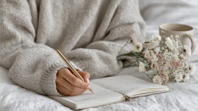 Female writing in cozy bedroom with flowers and coffee