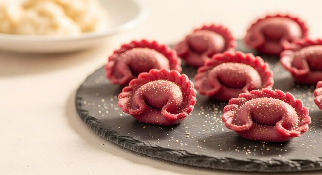 Ravioli with red beet dough on stone plate. Handcrafted pasta dish served in restaurant. Gourmet Italian cuisine, culinary art, healthy food concept, traditional meal presentation.
