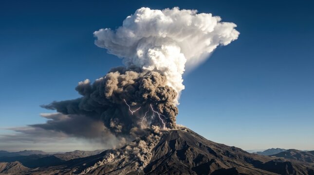 A volcanic eruption column photographed at the moment of maximum vertical development shows a Plinian column rising thirty kilometers above the vent, the column base a