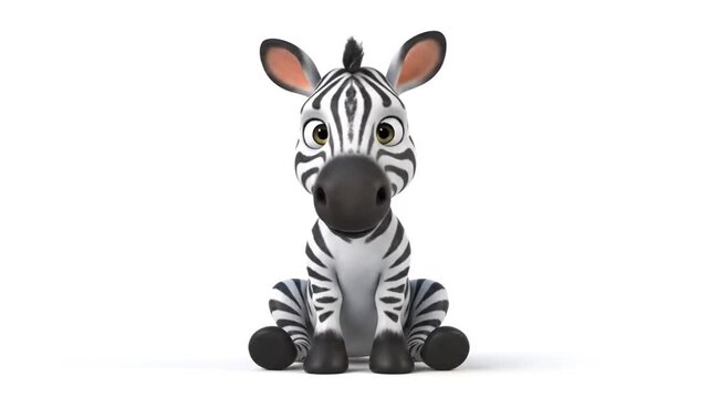 Charming 3D Baby Zebra Cartoon Character Sitting Isolated on White Background.