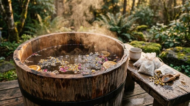 a close-up of the cedar plunge barrel filled with steaming herbal tea, showcasing the intricate wood grain and inviting steam rising from the surface. the surrounding