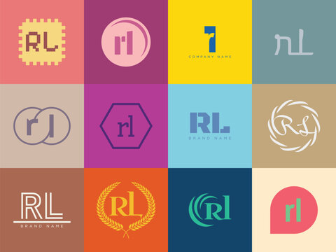 RL logo company template. Letter r and l logotype. Set different classic serif lettering and modern bold text with design elements. Initial font typography.