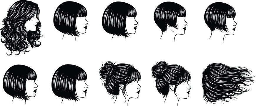 Vector Set of Women Hairstyle Silhouettes Collection Featuring Various Haircuts Like Bob Curly Bun and Pixie Cut for Beauty Salon Fashion and Styling
