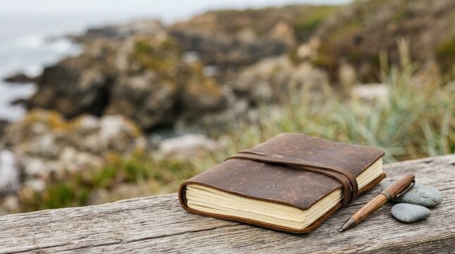 a graphic composition featuring the closed notebook against a blurred backdrop of rocks, greenery, and coastal elements, emphasizing its rustic charm. the soft ivory