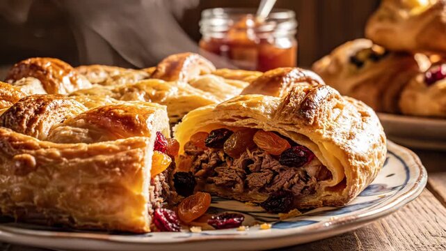Golden brown flaky puff pastry pie filled with shredded savory meat, raisins, and dried fruits, served on a decorated ceramic plate on a rustic wooden table with warm lighting.