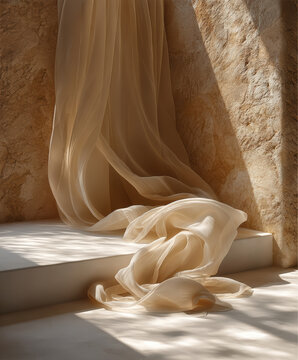 Soft sunlight passing through sheer beige fabric, elegant drapery on textured stone wall, creating tranquil, dreamy atmosphere with gentle shadows