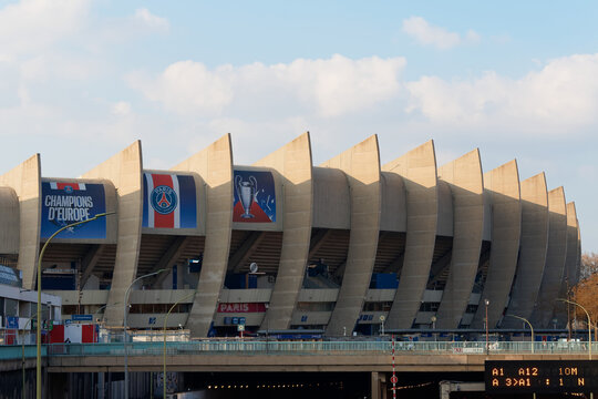 Paris, France - March 22, 2016 : Backside view of the Paris grandstand of the Parc des Princes stadium, built in 1972 and home stadium of Paris Saint-Germain (PSG) football club.