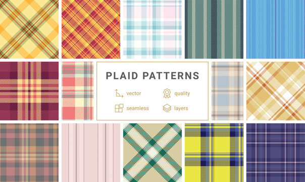 Plaid collection capturing the spirit of American patriotism. Vector patterns enhance apparel, blankets, scarves, home textiles, and printable digital papers.
