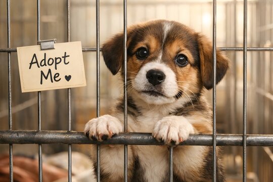 A puppy looks out from its cage in an animal shelter. It has a hopeful expression and is trying to get attention. A sign next to it says adopt me