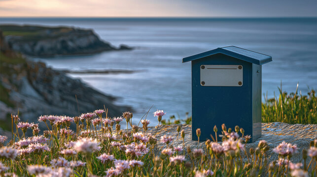 Blue mailbox coastal cliff wildflower ocean scenic landscape, tranquil seaside view, spring bloom, peaceful nature