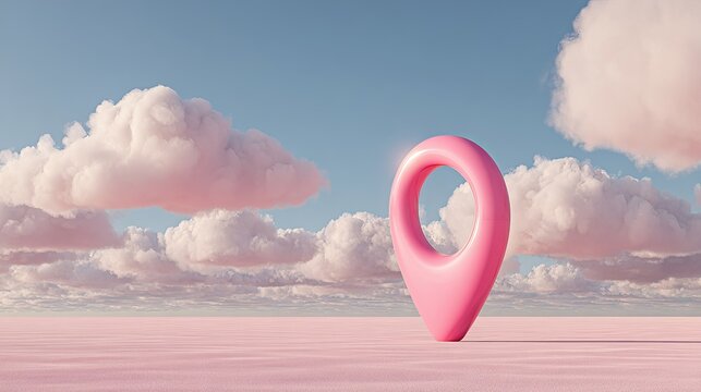 A pink location marker stands alone in a surreal landscape with fluffy clouds and a blue sky