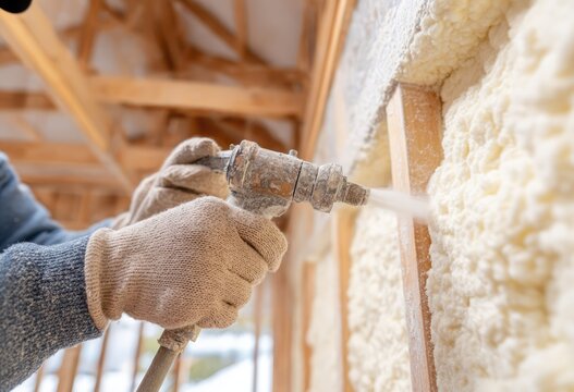 Construction worker applying spray foam insulation to wall cavity.