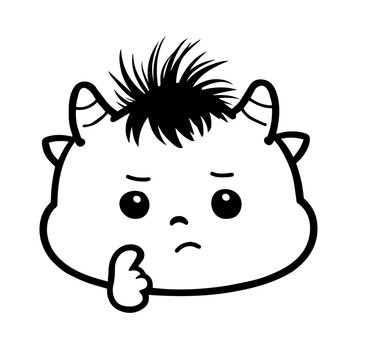 Cute little monster thinking, concept of thinking pose, monologue, monochrome line art