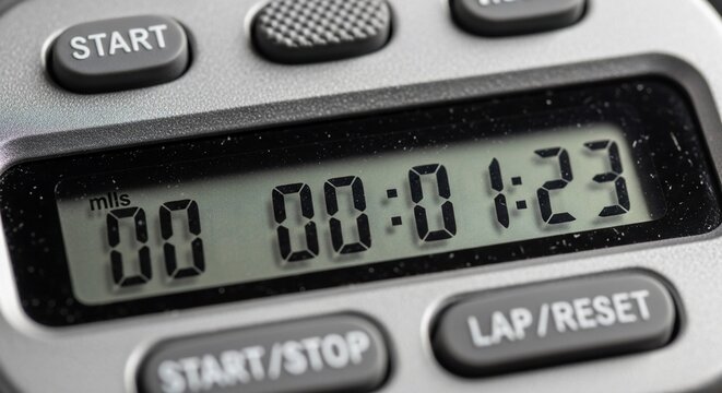 Close-up view of a digital stopwatch displaying 00 00:01:23 with start/stop and lap/reset buttons on a grey device.