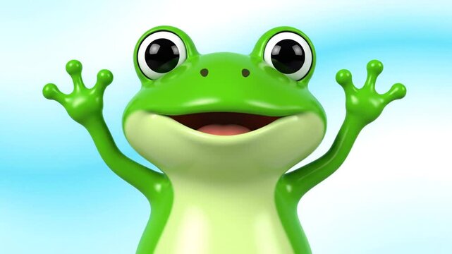 Friendly Green Cartoon Frog Waving Hello with a Big Smile on Blue Sky.