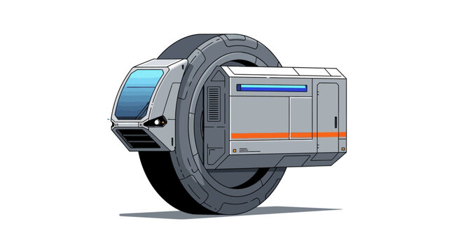 A stylized illustration of a futuristic monowheel vehicle concept.