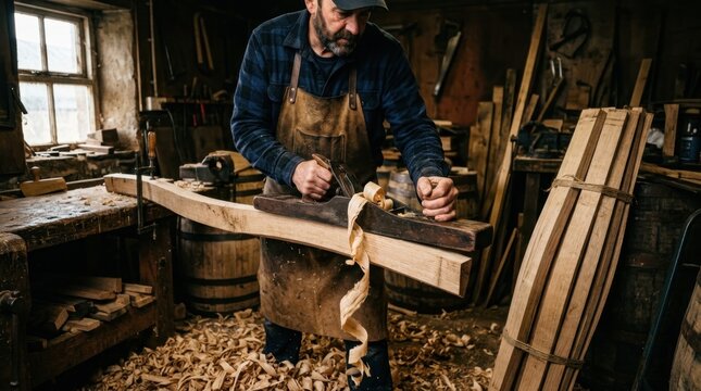 A cooper shapes a white oak stave on a traditional jointer plane, long curling shavings accumulating at his feet, the stave's inner surface being beveled to the precise radius