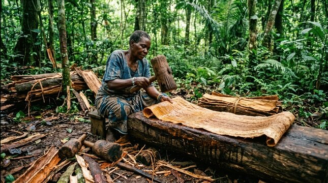 A traditional bark cloth maker in an equatorial forest beats soaked inner bark with a ridged wooden mallet on a log anvil, the repeated blows spreading and thinning the fiber into