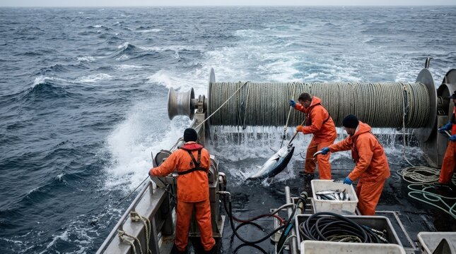 A dramatic image of a professional deep sea fishing longline being retrieved, hundreds of meters of line coming over the stern roller of a fishing vessel in a heavy ocean swell