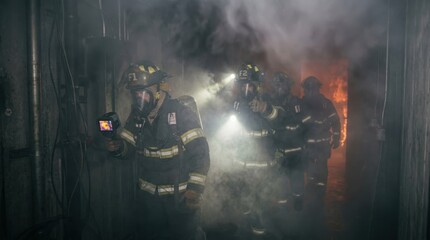 Naklejka premium A dramatic emergency response training simulation scene, a team of four firefighters in full breathing apparatus and turnout gear moving in coordinated formation through a