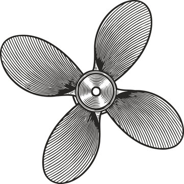 Vintage marine propeller illustration with four curved blades and central hub design