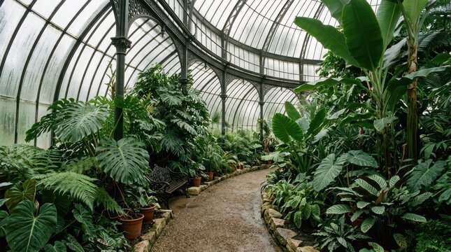 A lush tropical greenhouse interior in a public botanical garden, a curving glass and iron Victorian-era structure housing an extraordinary collection of oversized tropical leaves
