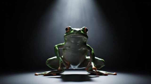 Captivating RedEyed Tree Frog Posing Under Dramatic Spotlight on Dark Stage.