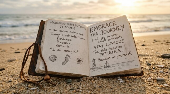 in intimate detail, the journal page rests on the sandy beach, illuminated by sunlight streaming down, featuring motivational notes and sketches. the soft cream and