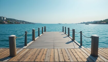 Obraz premium Clean modern dock with turquoise water and bright summer light.” 