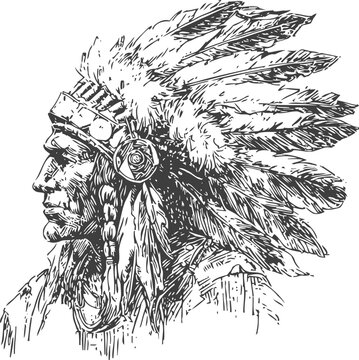 Native american chief portrait with traditional feather headdress detailed black and white sketch