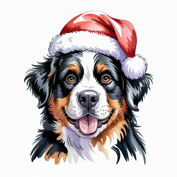 Adorable Bernese Mountain dog breed wearing a festive Santa hat, a joyful illustration capturing the spirit of holiday cheer with a happy canine companion, perfect for seasonal designs