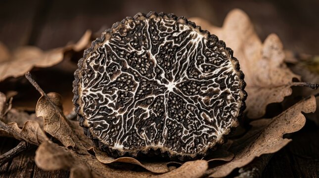 A cross-section macro of a freshly cut black truffle showing the internal gleba network in extreme detail, the white marbling formed by sterile tissue veins threading through the